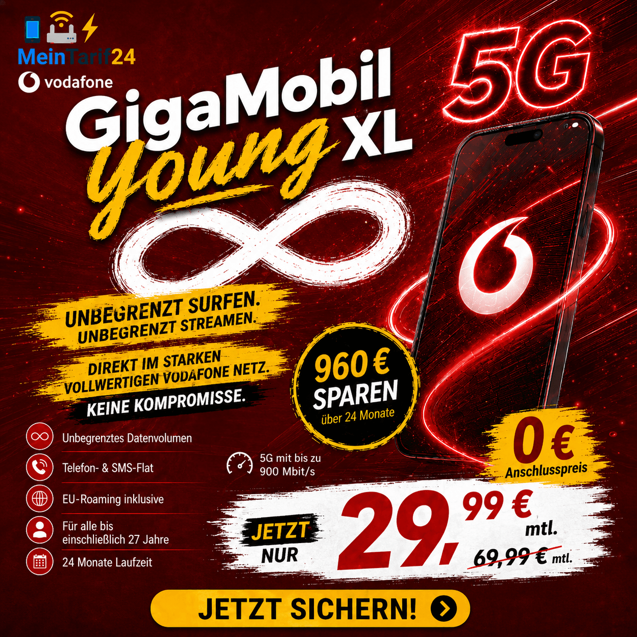 Vodafone GigaMobil Young XL – unbegrenzte GB für 29,99 €/Monat, mit GigaKombi nur 19,99 €